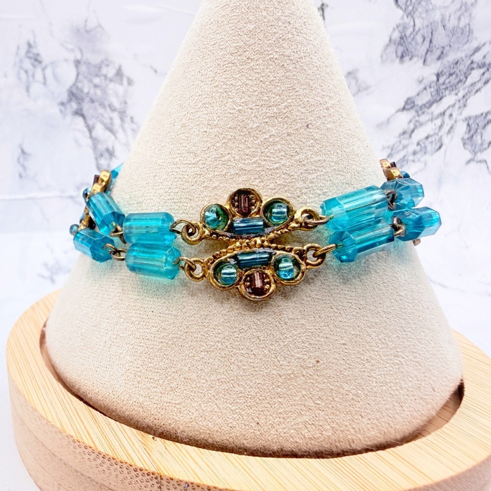 Aqua Blue Glass Bead Boho Bracelet Gold Tone Floral Links Adjustable 7–7.5 Inch
